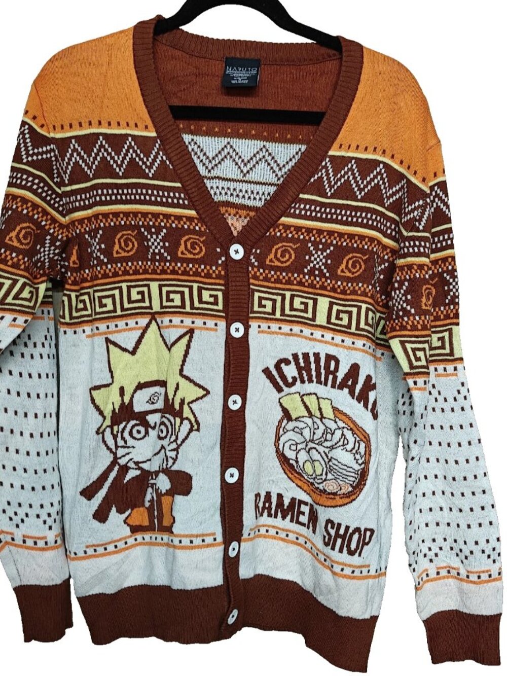 VTG Naruto Shippuden Sweater Mens Med. Ichiraku Ramen Shop Cardigan Orange Brown